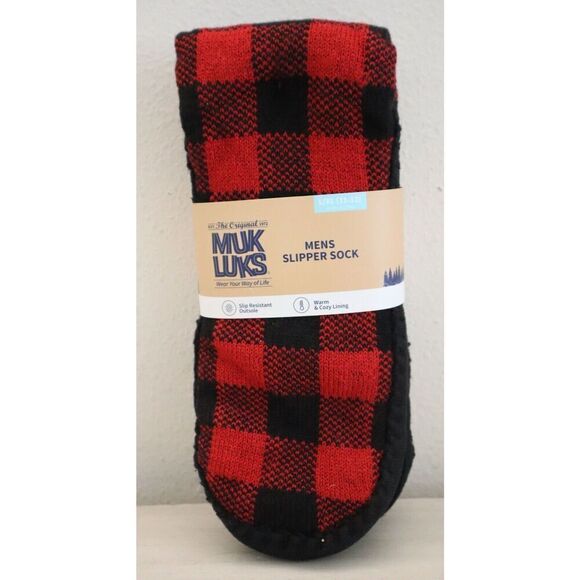 Original Muk Luks 16342-612 Men’s Sz L/XL (11-13) Red/Black Plaid Slipper Socks - Picture 1 of 6